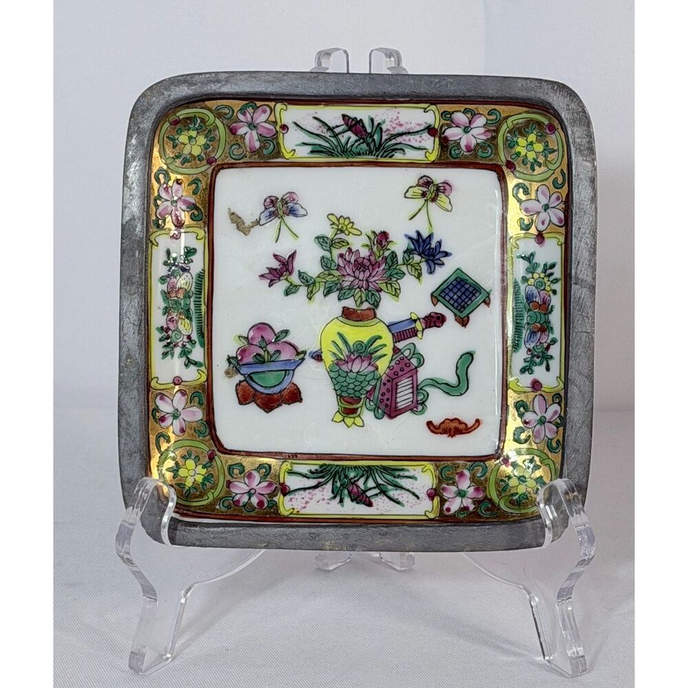VTG Japanese ACF Porcelain Pewter Trinket Dish Floral Jewelry Accent Decor
